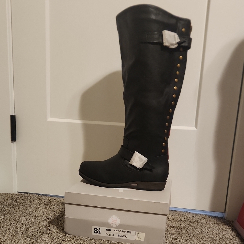 Black Knee-High Boots with Stud Detail